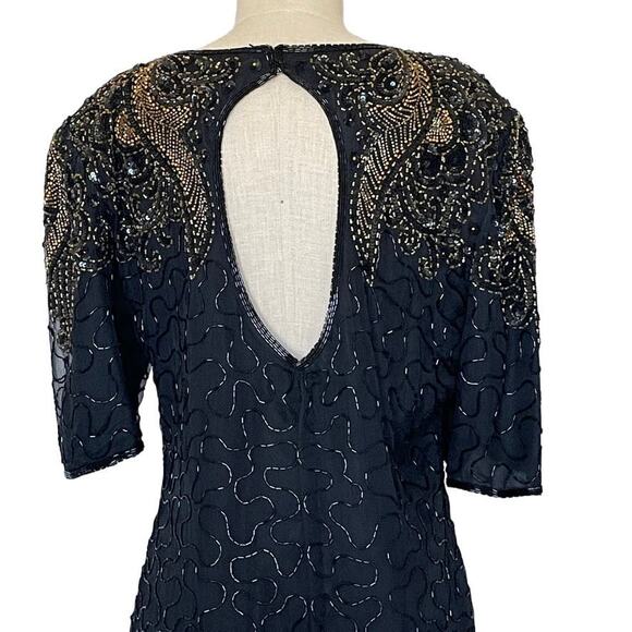 Vintage Black Gold Beaded Open Back Dress - Picture 1 of 10